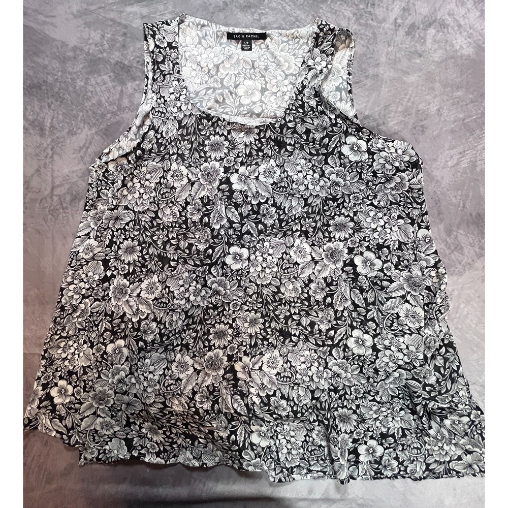 Zac & Rachel Blouse Top Womens Large Black White Floral Round Neck Sleeveless